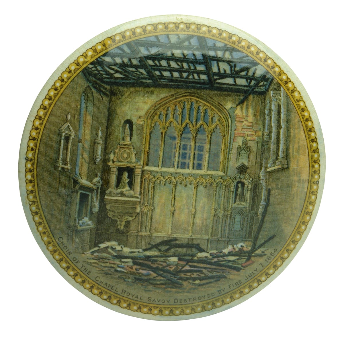Prattware Pot Lid.  Choir of the Chapel Royal Savoy destroyed by fire July 7 1864.