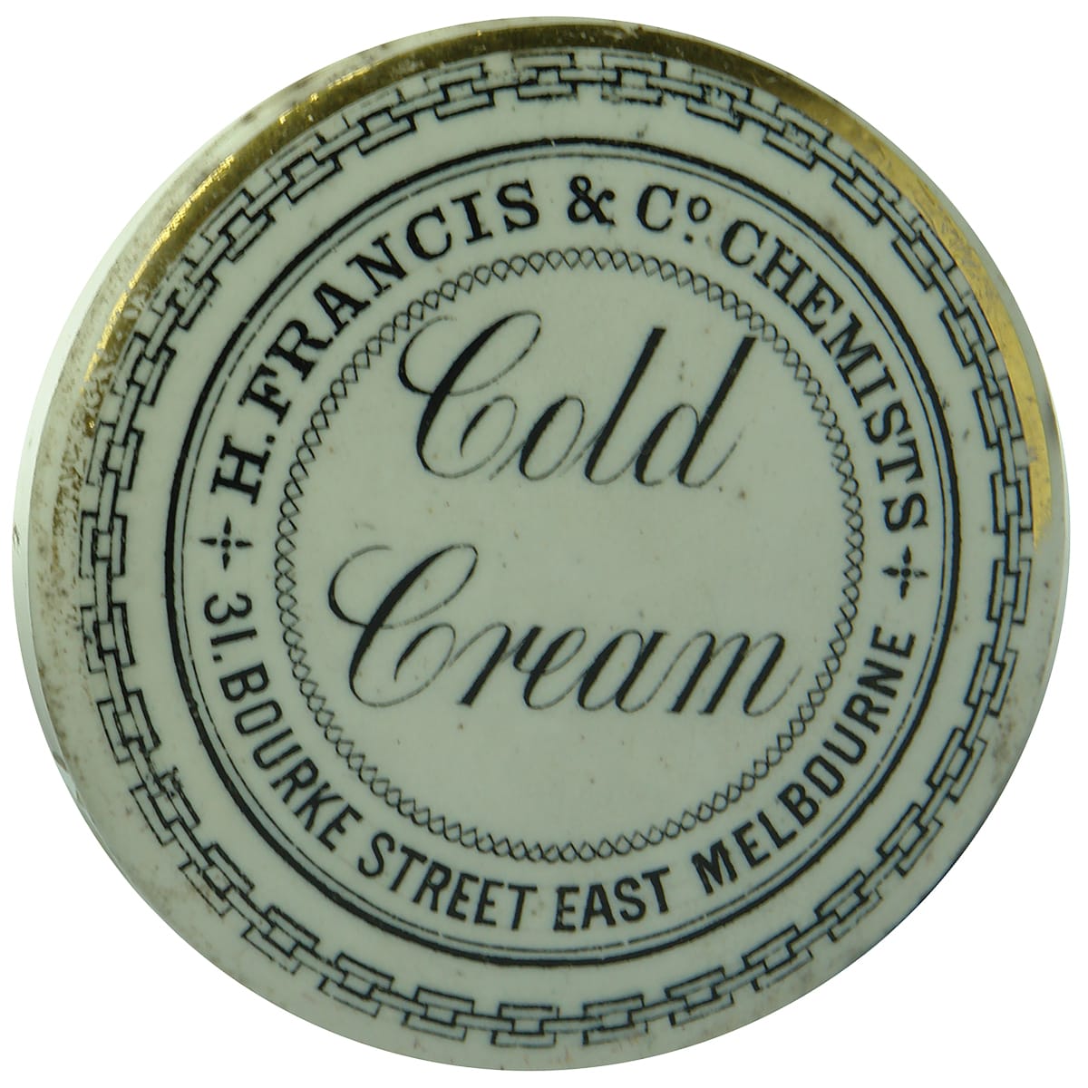 Pot Lid. Francis, Chemists, Melbourne. Cold Cream. Black & White. (Victoria)