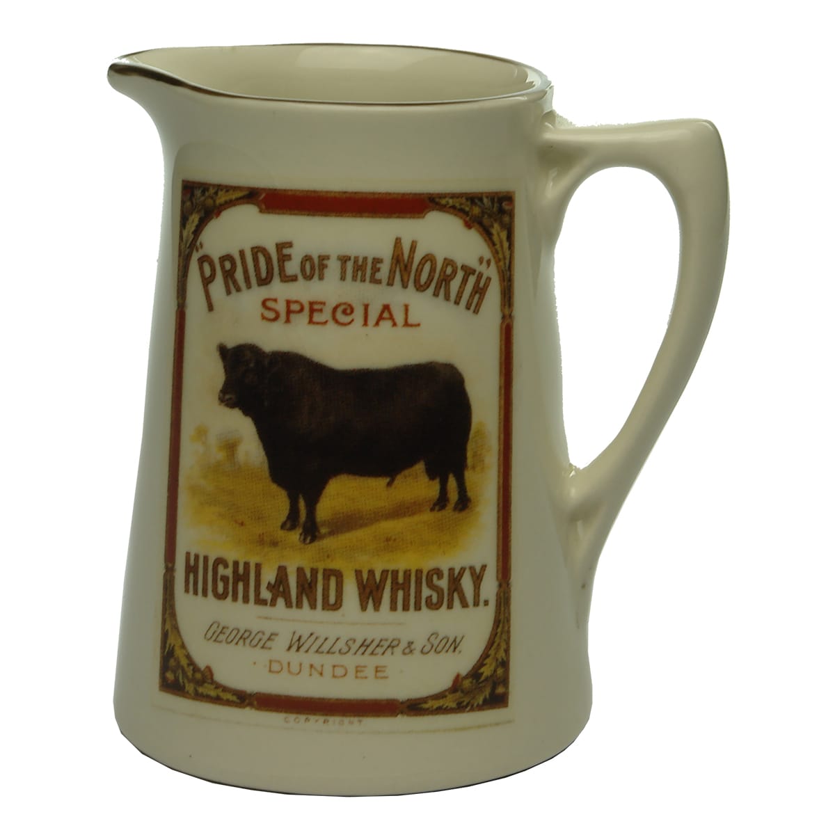 Water Jug. Pride of the North Highland Whisky. George Willsher & Son, Dundee. Modern type. Multi-coloured.