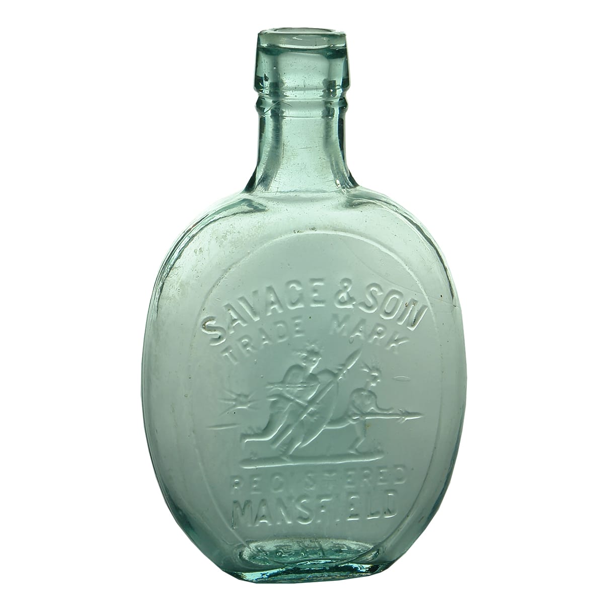 Spirits Flask. Savage, Mansfield. Aqua. 5 oz.