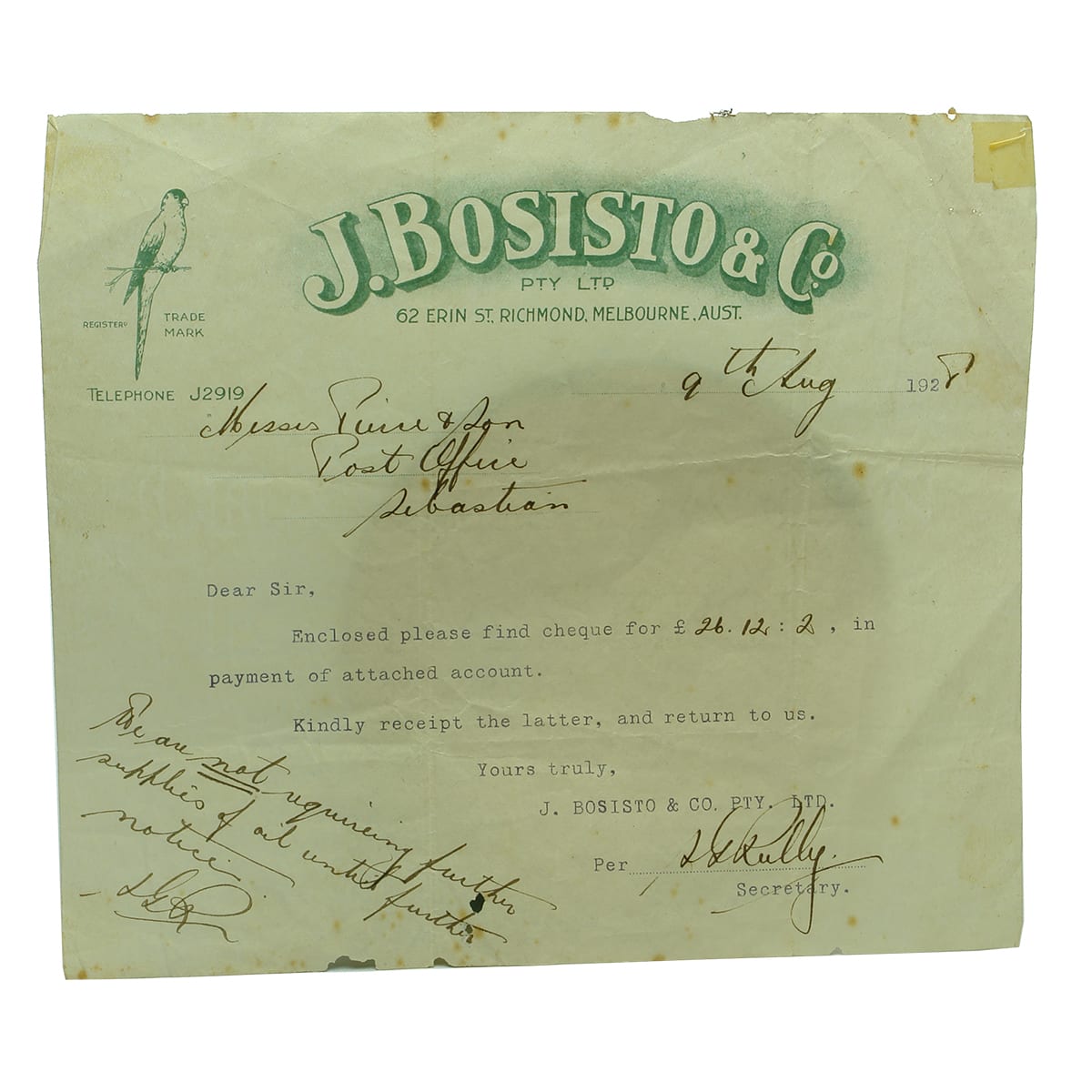 Invoice/Letterhead. J. Bosisto & Co, Richmond. 1928. (Victoria)