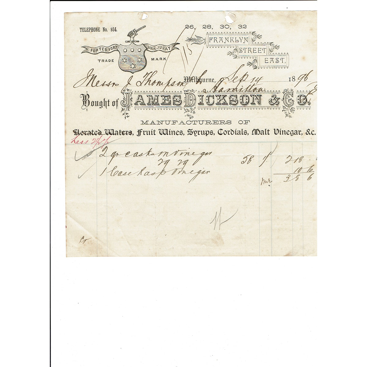 Invoice/Letterhead. James Dickson, Melbourne. 1896 (Victoria)