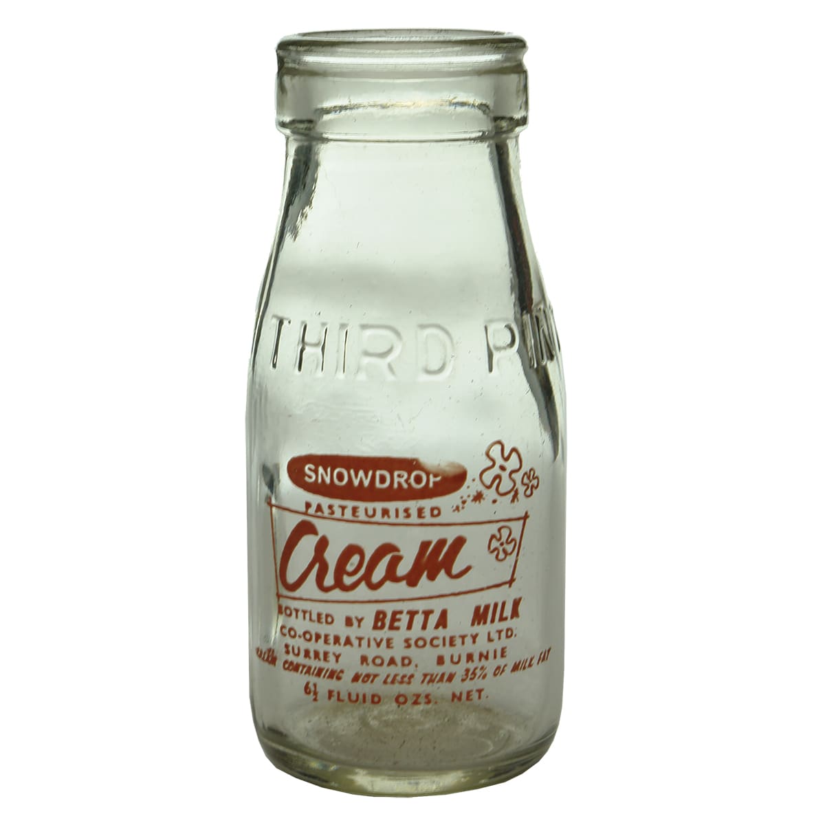 Milk. Snowdrop, Betta Milk. Foil top. Ceramic label. 1/3 Pint. (Tasmania)