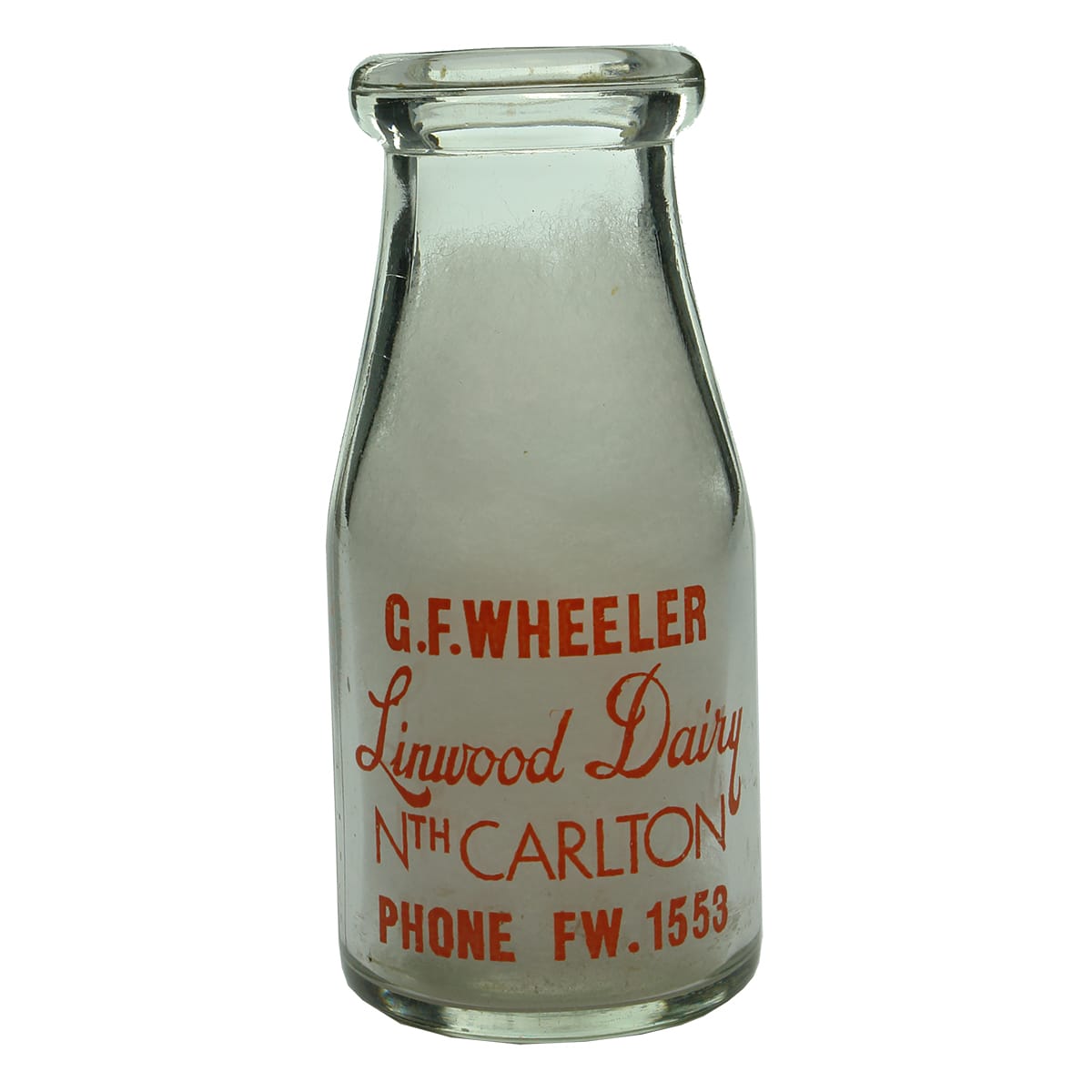 Milk. G. F. Wheeler, Linwood Dairy, North Carlton.  Orange Print. Wad Lip. 1/2 Pint. (Victoria)