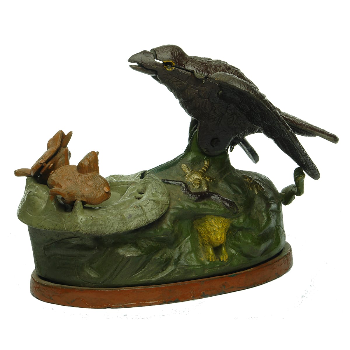 Money Box. Eagle & Eaglets, J & E Stevens, Cromwell, CT, USA.  Patented by Charles M Henn of Chicago ILL, January 23, 1883.