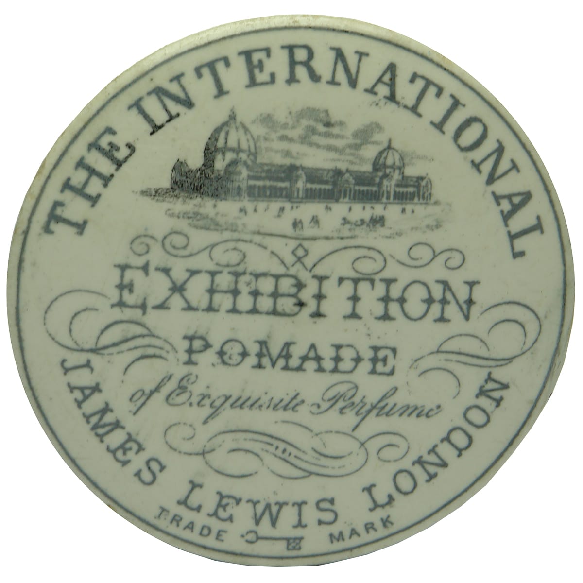 Pot Lid. James Lewis, London. The International Exhibition Pomade. Black & White.