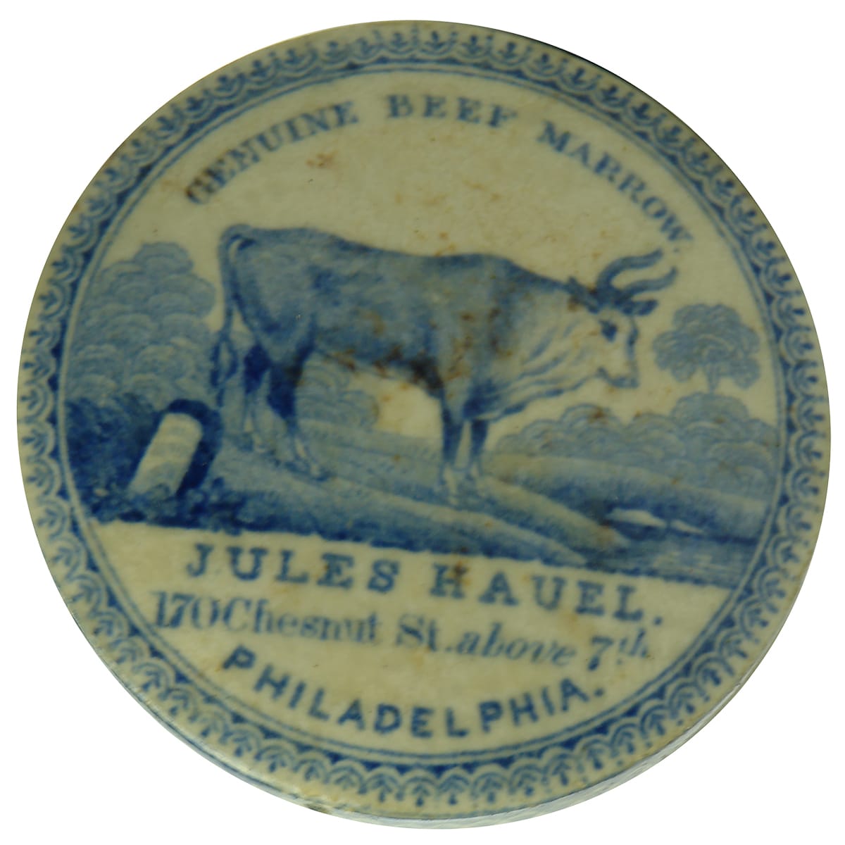 Pot Lid. Jules Hauel, Philadelphia. Beef Marrow. Blue & White.
