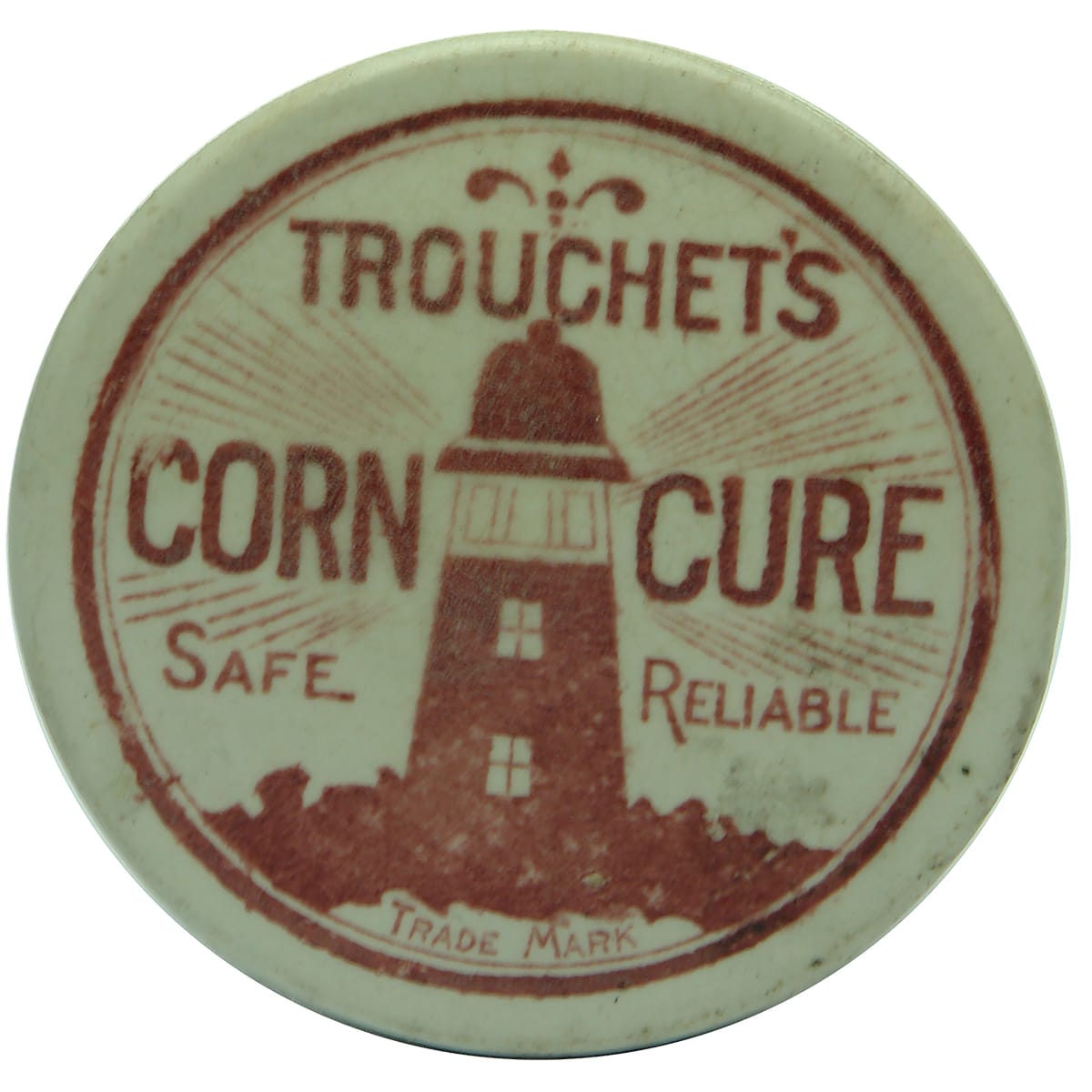 Pot Lid. Trouchet's Corn Cure. Red & White.