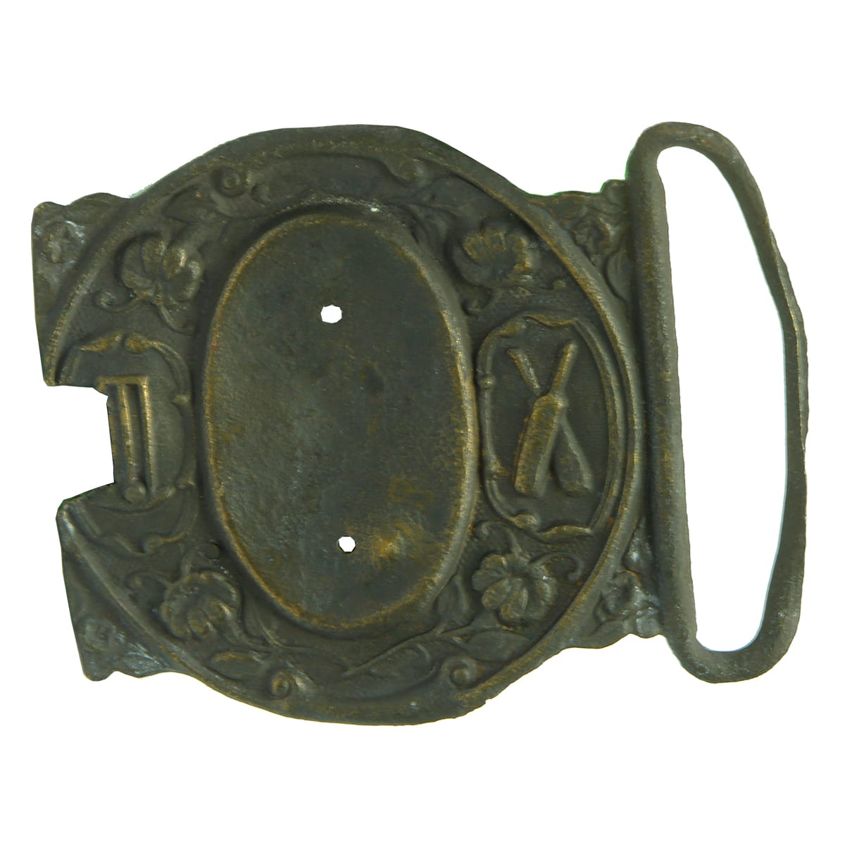 Cricket Belt Buckle. Equipment and flowers in surrounds.