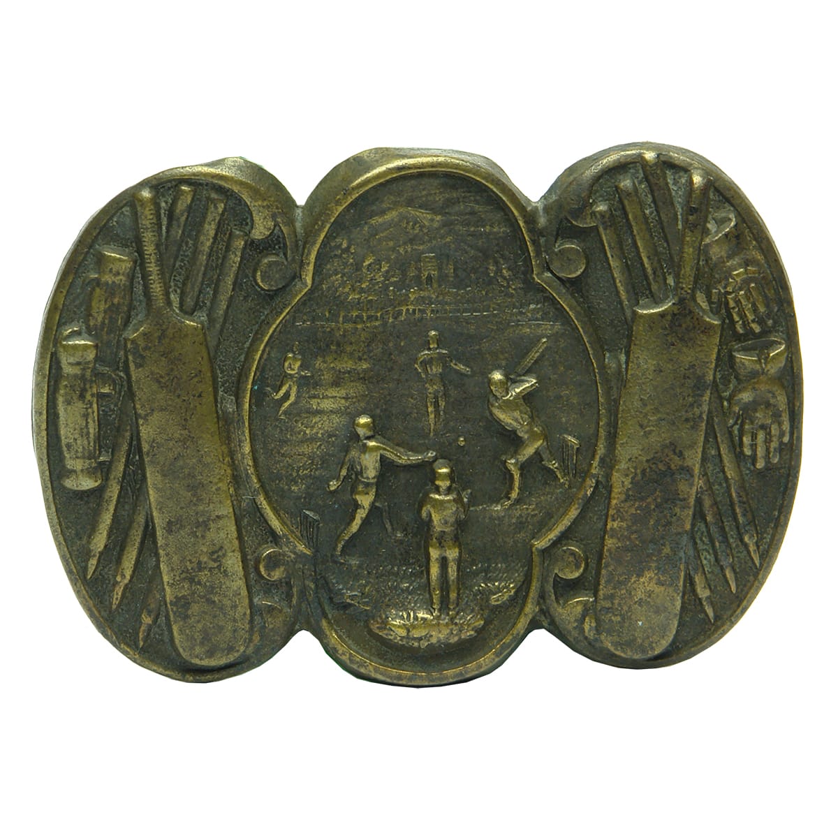 Cricket Belt Buckle. Equipment around a game scene.