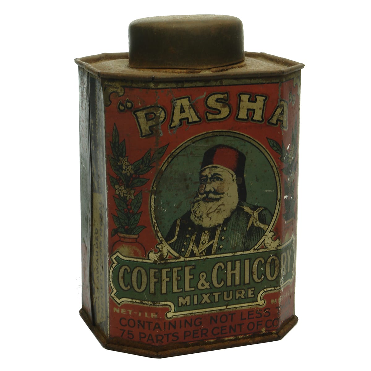 Tin. Pasha Coffee & Chicory. Parsons Bros. Multicoloured 1 pound tin. (New South Wales)