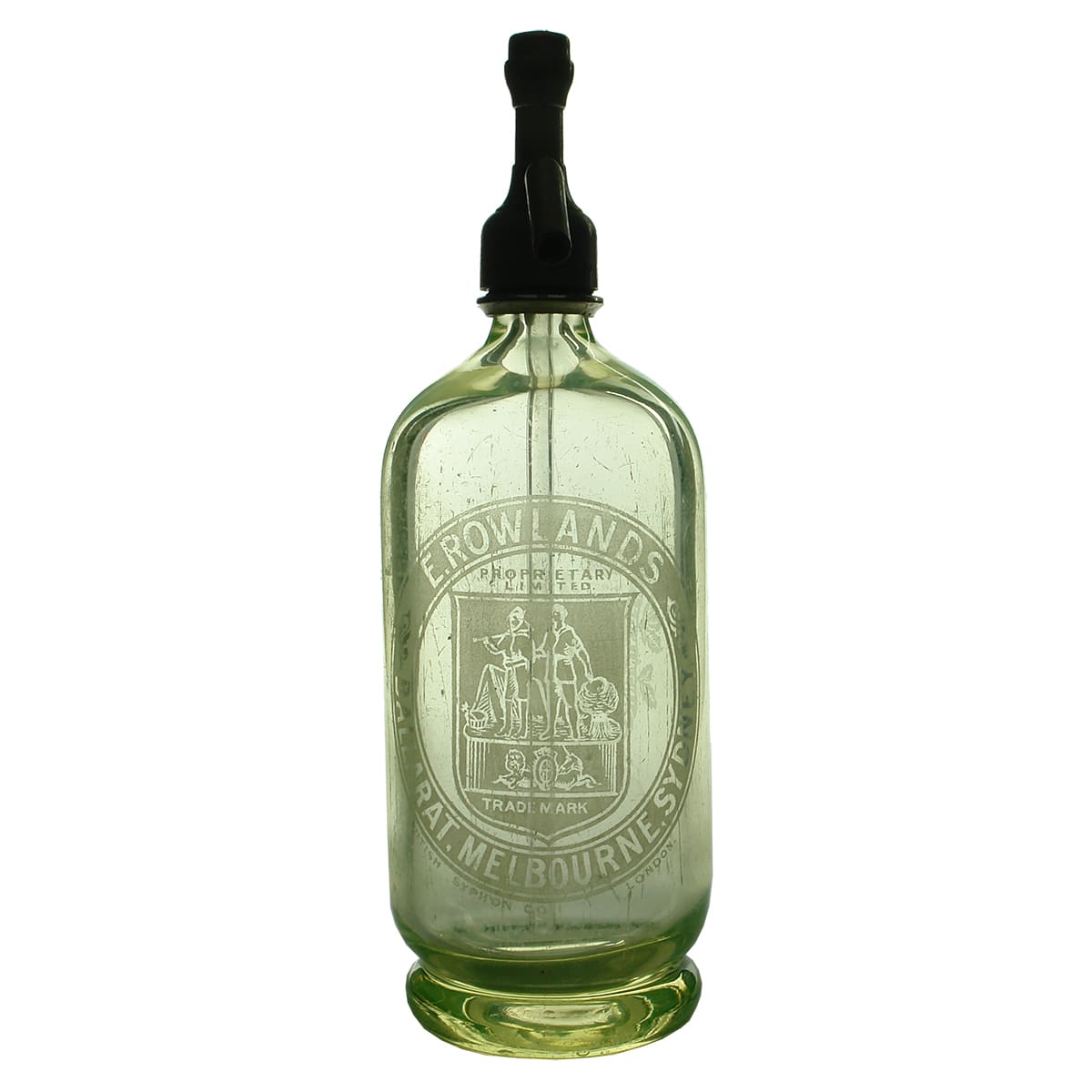 Soda Syphon. Rowlands, Ballarat, Melbourne & Sydney. Lime Green Uranium Glass. 30 oz. (Victoria & New South Wales)