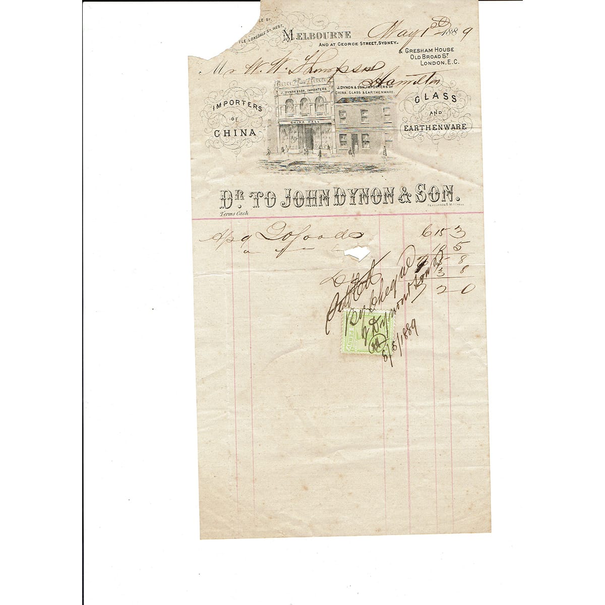 Invoice/Letterhead. John Dynon & Son Melbourne. 1889 (Victoria)