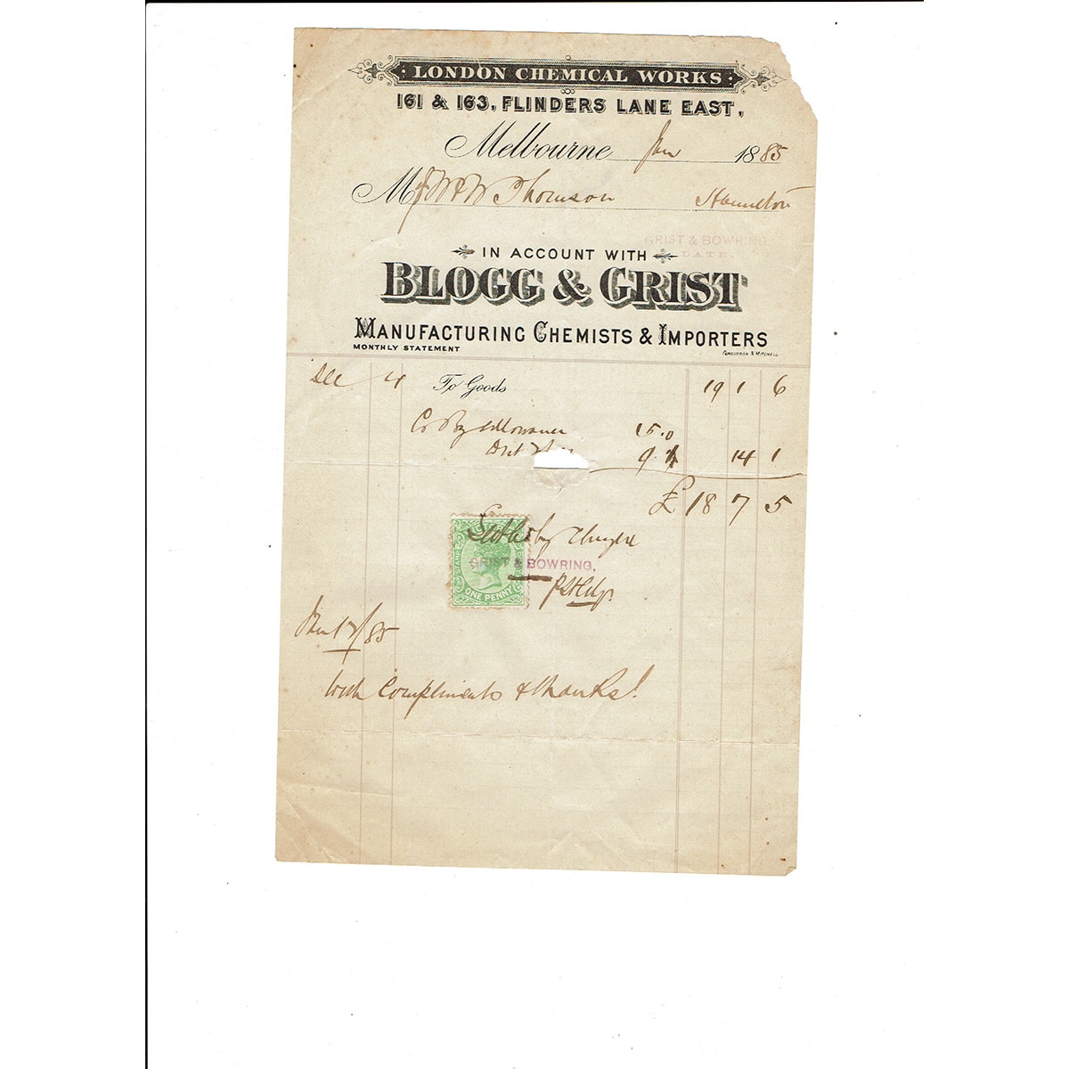 Invoice/Letterhead. London Chemical Works. Blogg & Grist, Melbourne. 1885. (Victoria)