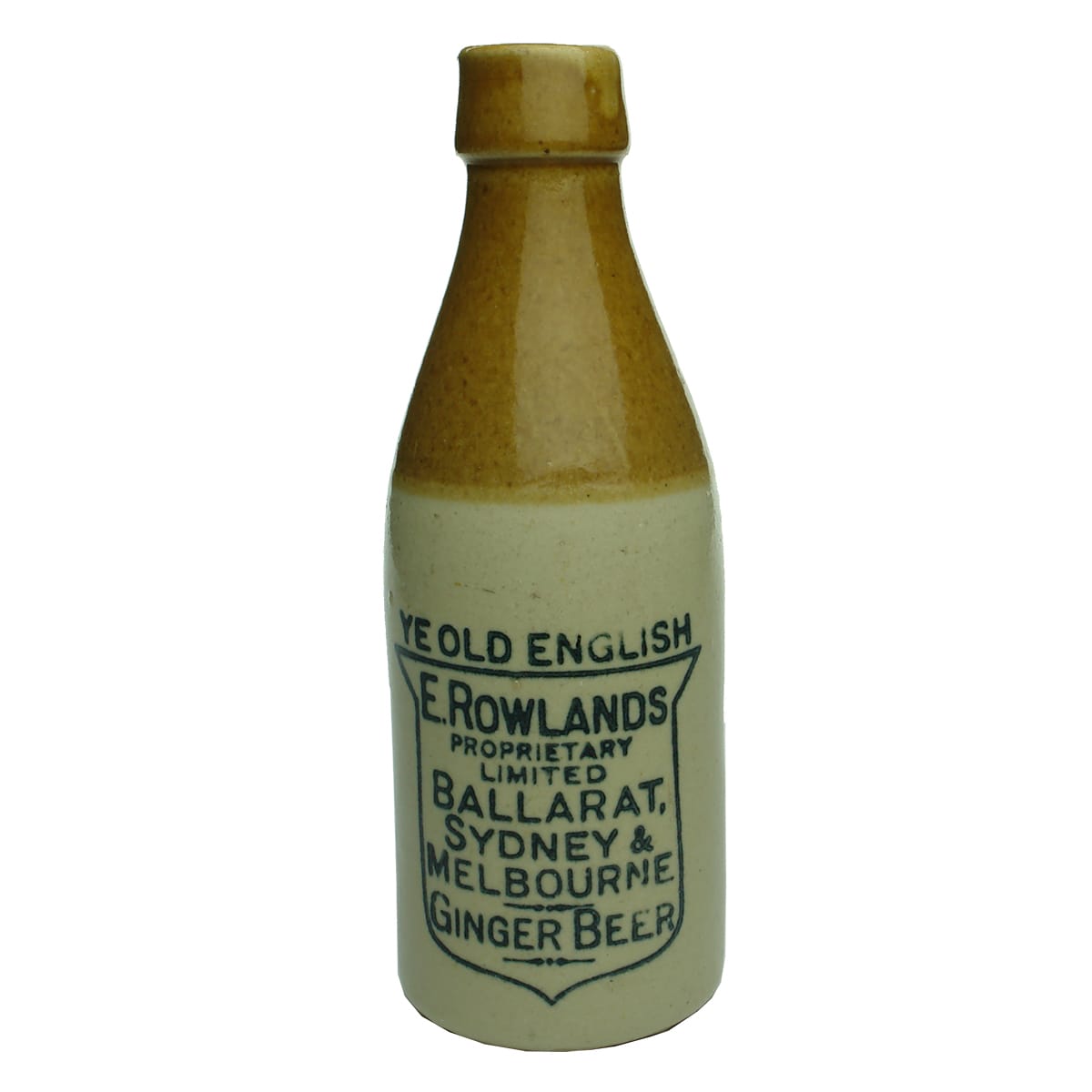 Ginger Beer. Rowlands, Ballarat, Melbourne & Sydney. No potters stamp. Tan Top. Champagne. (Victoria & New South Wales)