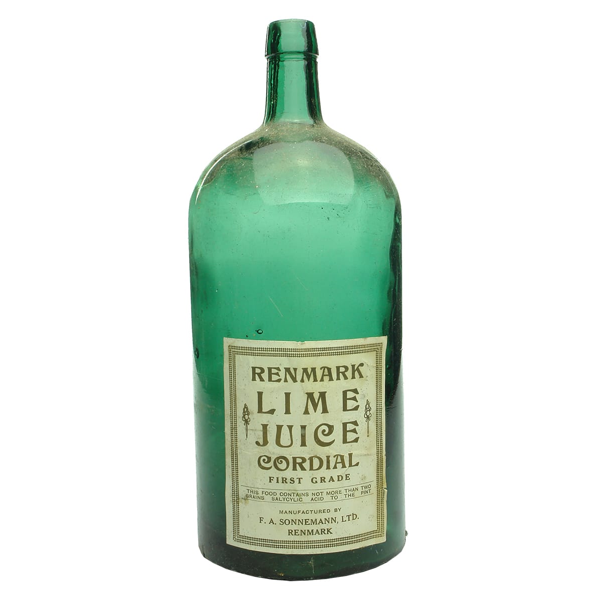 Cordial. Plain bottle with label for Renmark Lime Juice Cordial, Sonnemann Ltd. (South Australia)