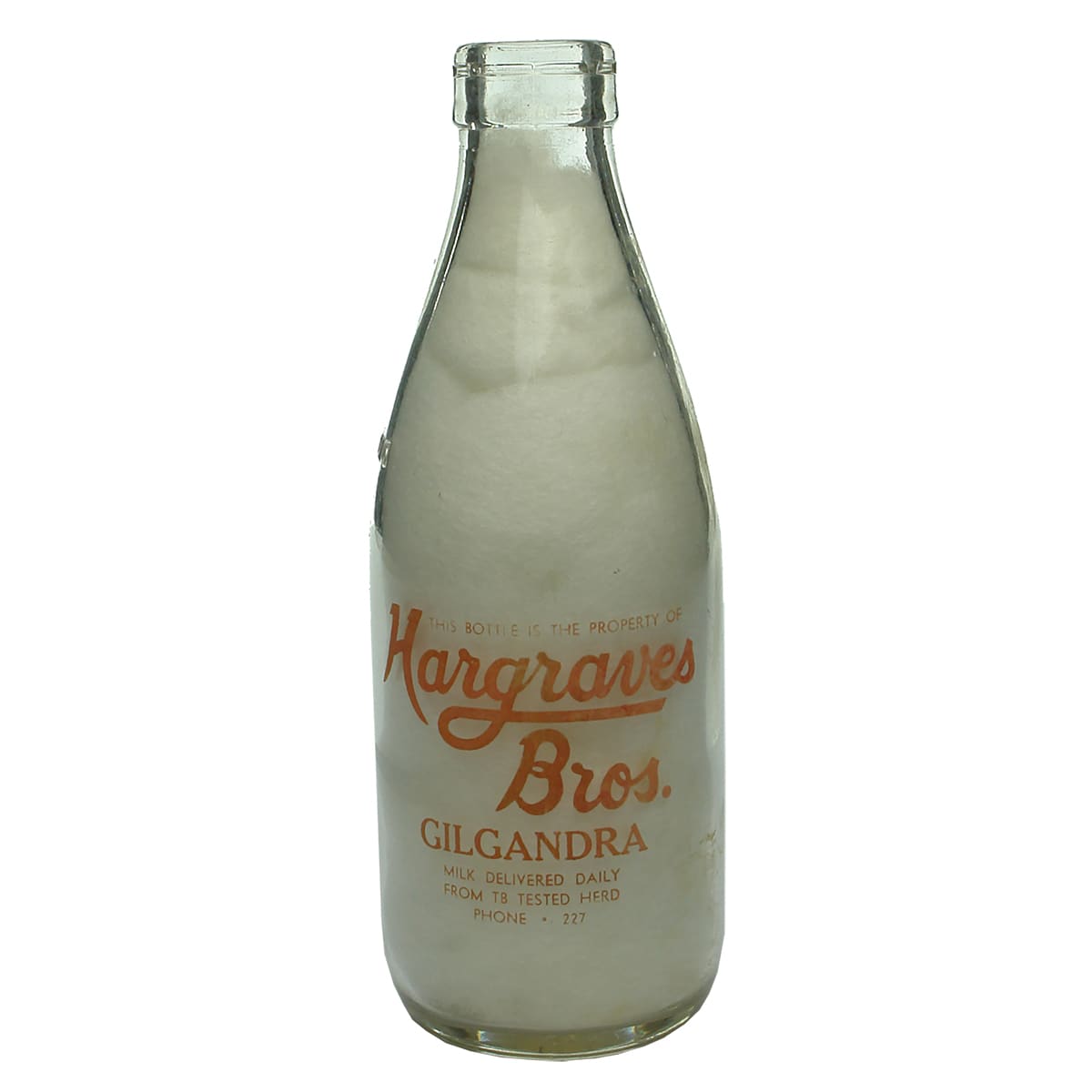 Milk. Hargraves Bros., Gilgandra. Foil top. Ceramic label. 1 Pint. (New South Wales)