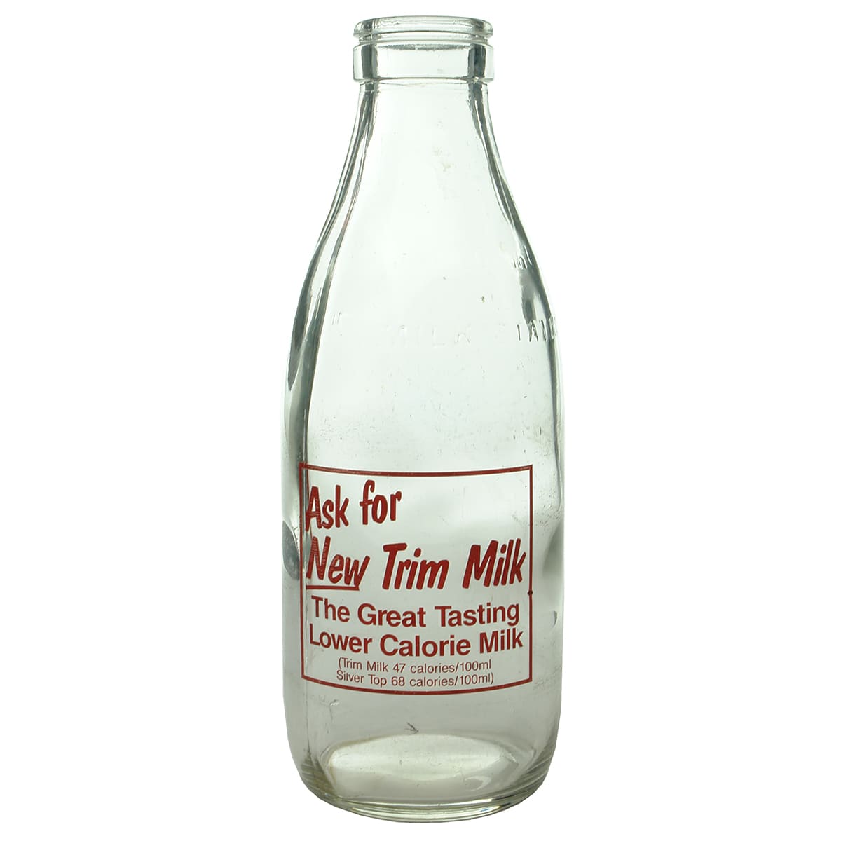 Milk. Ceramic Label. Ask for new Trim Milk. Foil Top. Red Print. 600 ml. (New Zealand)