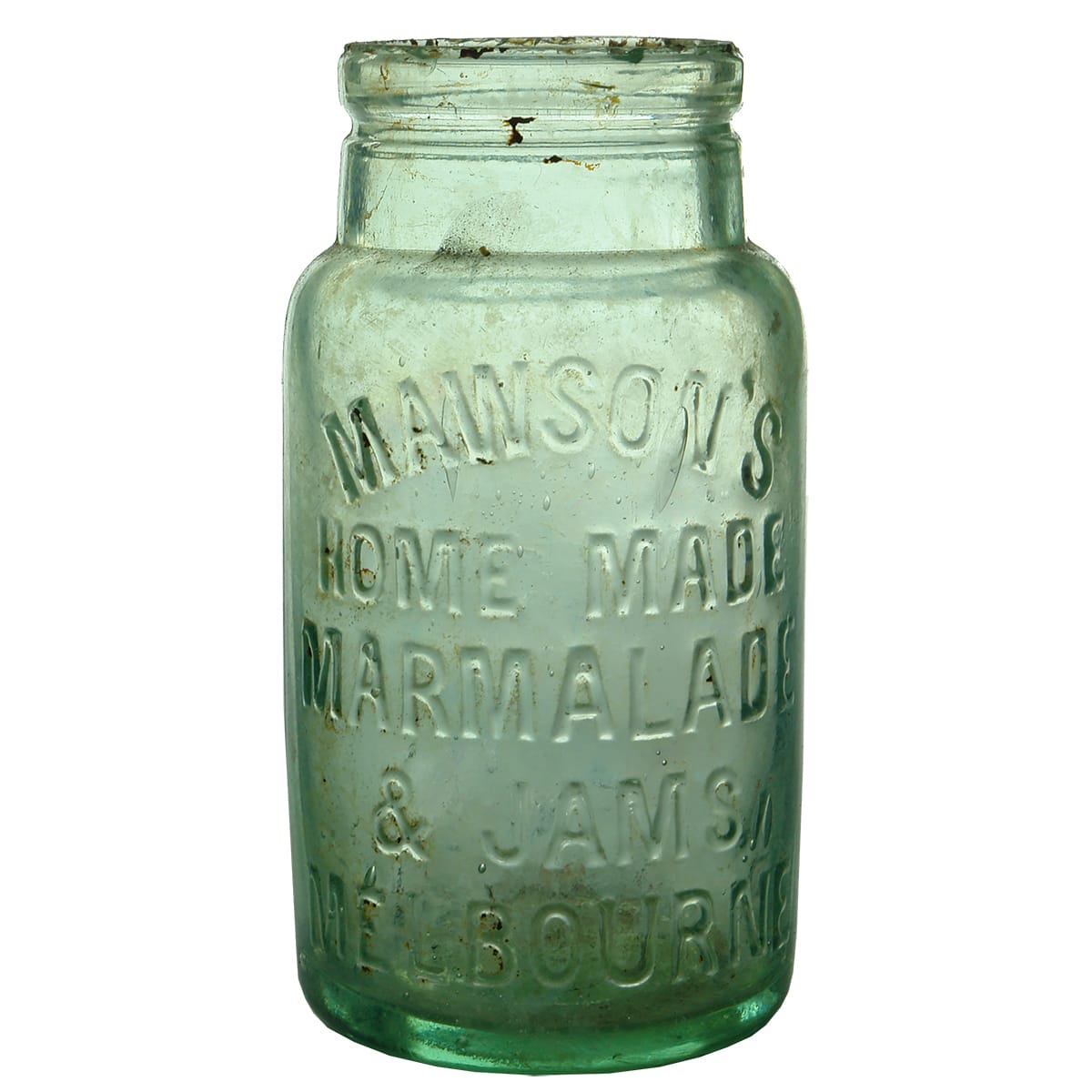 Jar. Mawson's Marmalade & Jams, Melbourne. Aqua. 1 Pound. (Victoria)