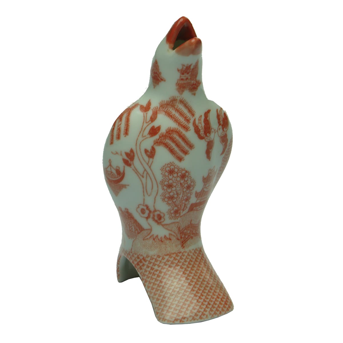 Pie Funnel. Bird with red willow pattern decoration.