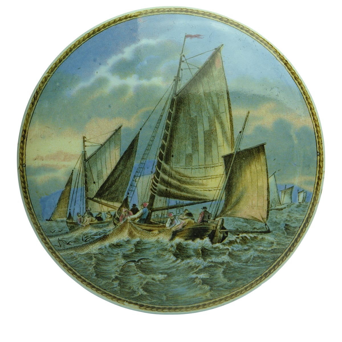 Prattware Pot Lid. Hauling the Trawl.