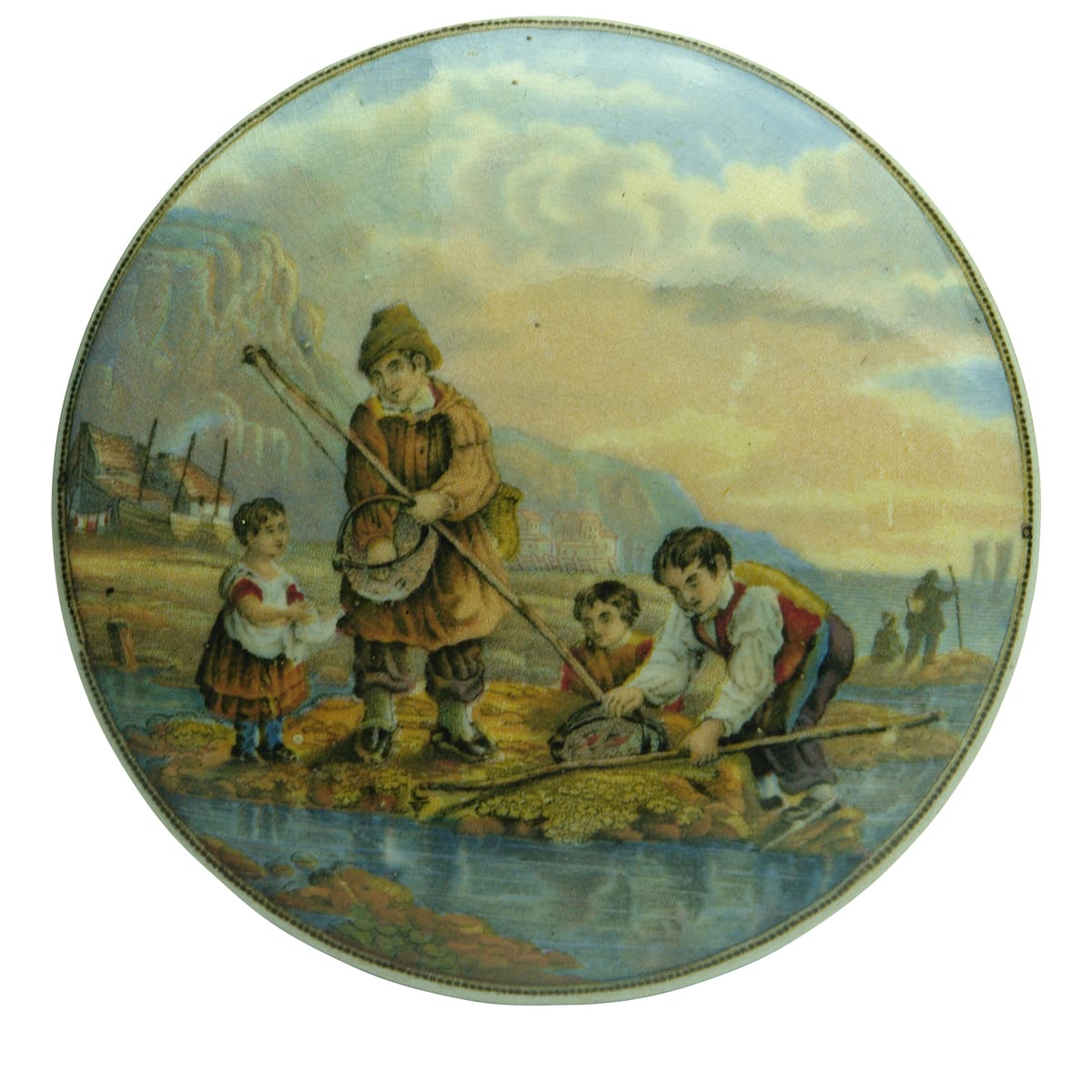 Prattware Pot Lid. The Shrimpers.