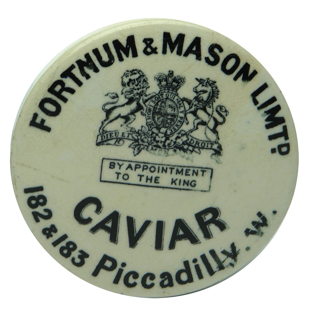 Pot Lid & Pot: Fortnum & Mason, Caviar. Pot with Fish pictorial.