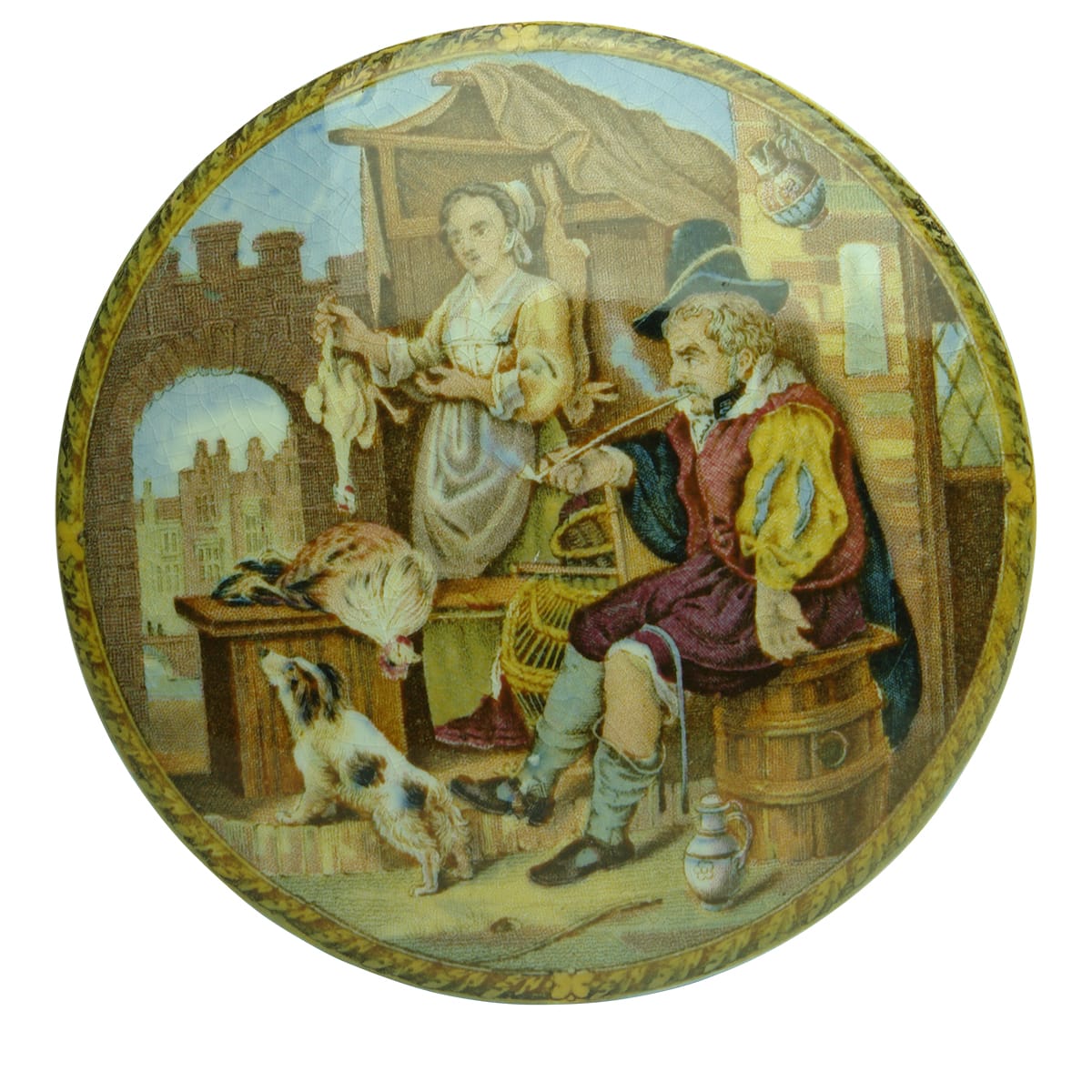 Prattware Pot Lid. Man Smoking.