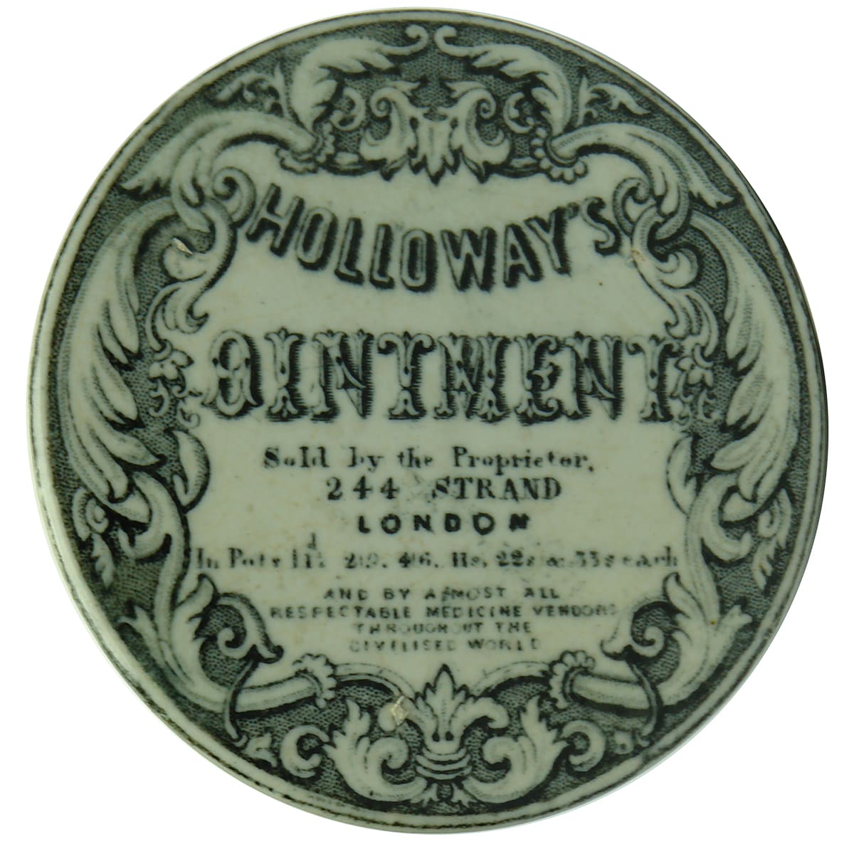 Pot Lid. Holloway's Ointment. Strand Address. Small Print.