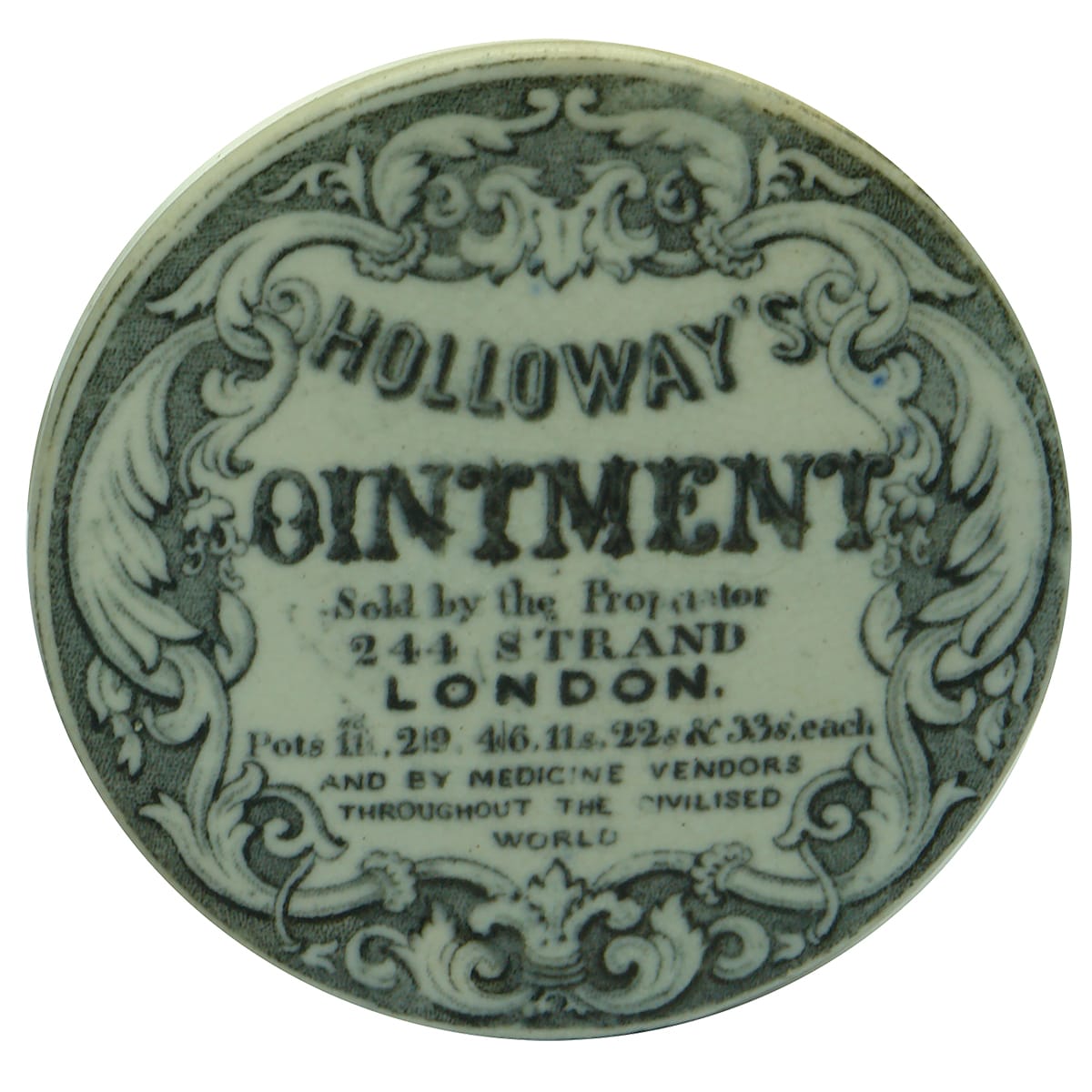 Pot Lid. Holloway's Ointment. Strand Address. Large Print.