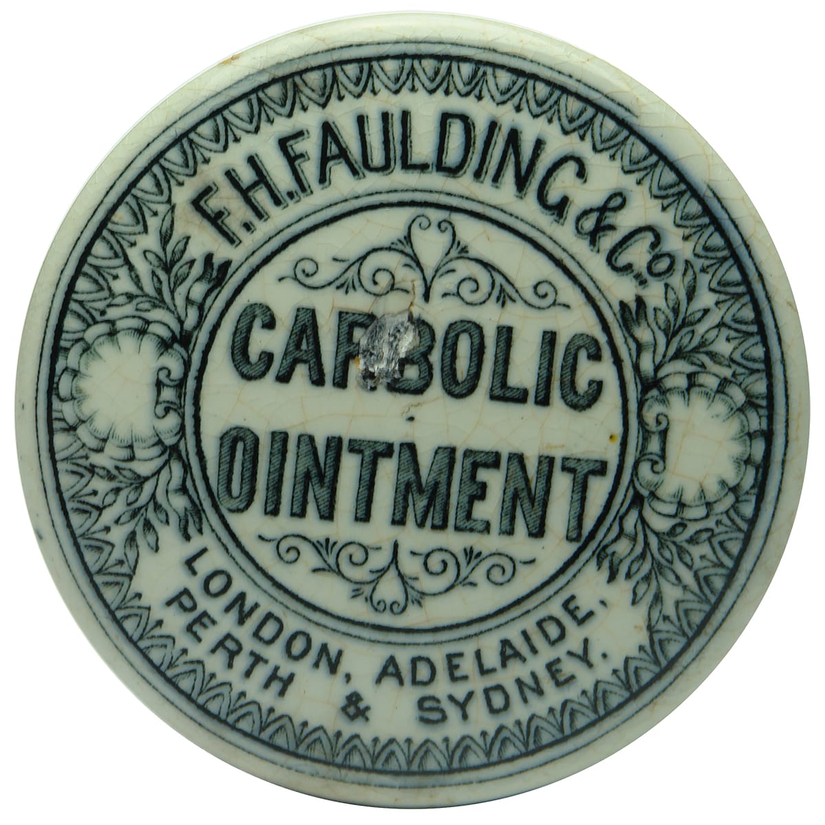 Pot Lid. F. H. Faulding & Co, London, Adelaide, Perth & Sydney, Carbolic Ointment.