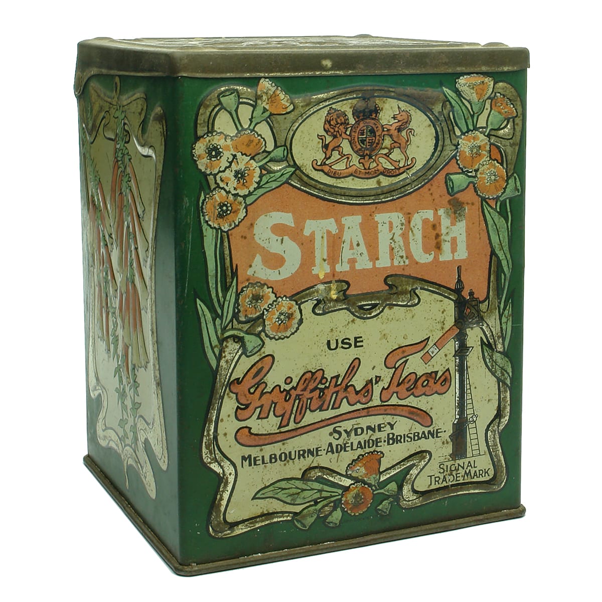 Tea Tin. Griffiths' Teas, Sydney, Melbourne, Adelaide, Brisbane.  2 Pound.