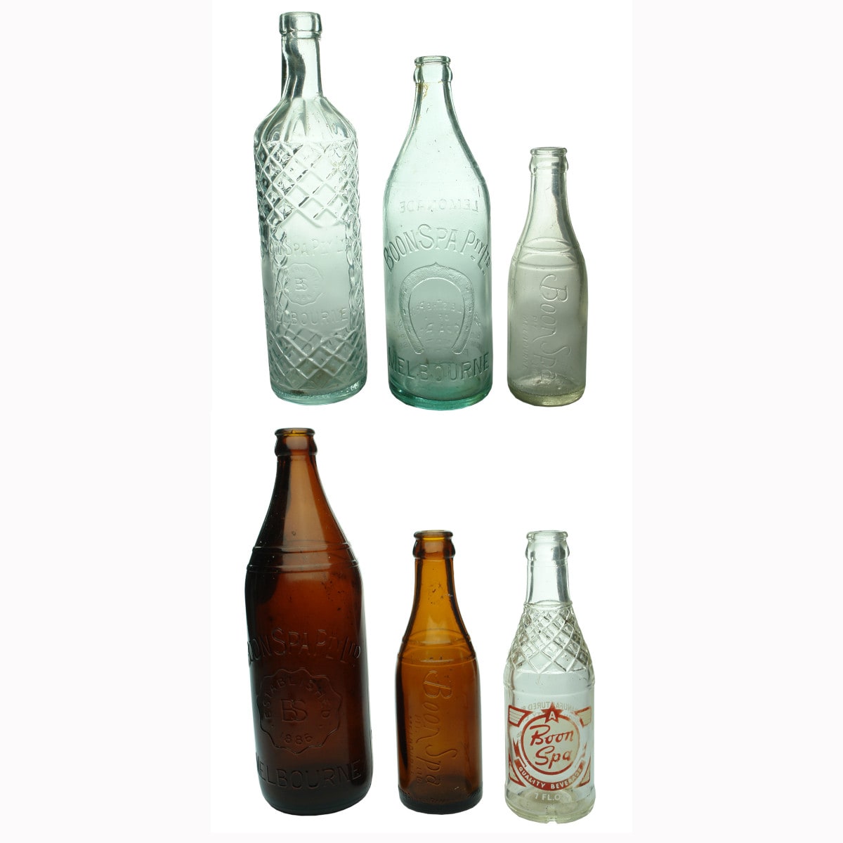 Collection of Six different Boon Spa, Melbourne bottles. (Victoria)