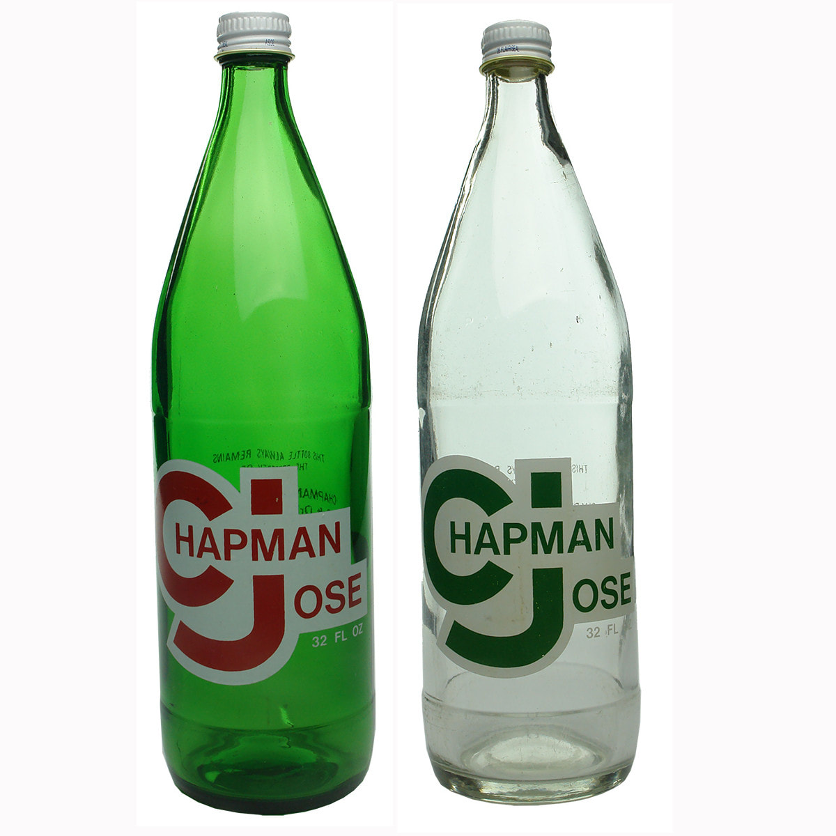 Pair of Screw Top Ceramic Labels. Chapman & Jose, Geraldton. Green & Clear. 32 oz. (Western Australia)