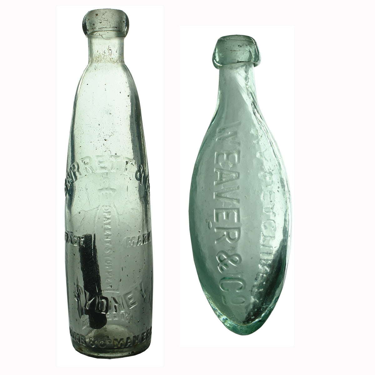 Pair of Aerated Waters. Stick bottle. Barrett & Co, Sydney. Aqua. 10 oz. And Torpedo. Weaver & Co. Aqua. (New South Wales & Tasmania)