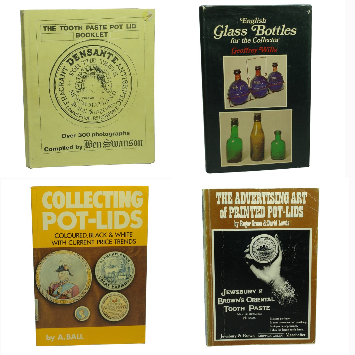 Four small Collectors Books: The Tooth Paste Pot Lid Booklet; English Glass Bottles for the Collector; Collecting Pot Lids; The Advertising Art of Printed Pot Lids.