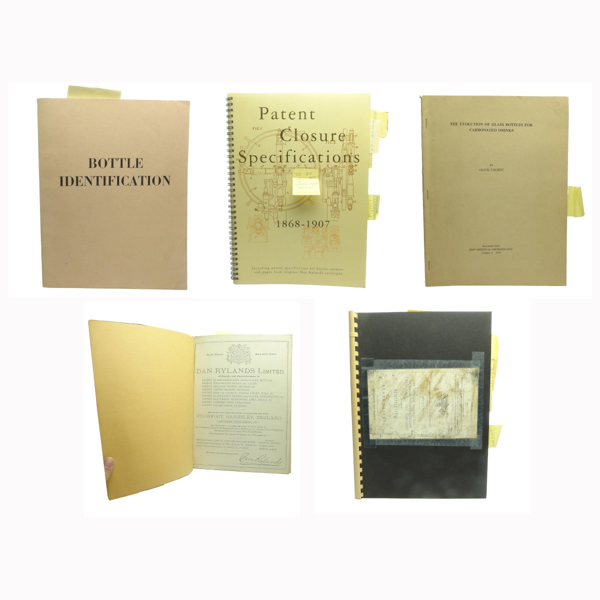 5 Books: Bottle Identification - Putnam; Patent Closure Specifications, 1868-1907; The Evolution of Glass Bottles for Carbonated Drinks - Olive Talbot; Reproduced Dan Rylands Catalogue; Reprints of applications for bottle related patents:  1777 - 1866.