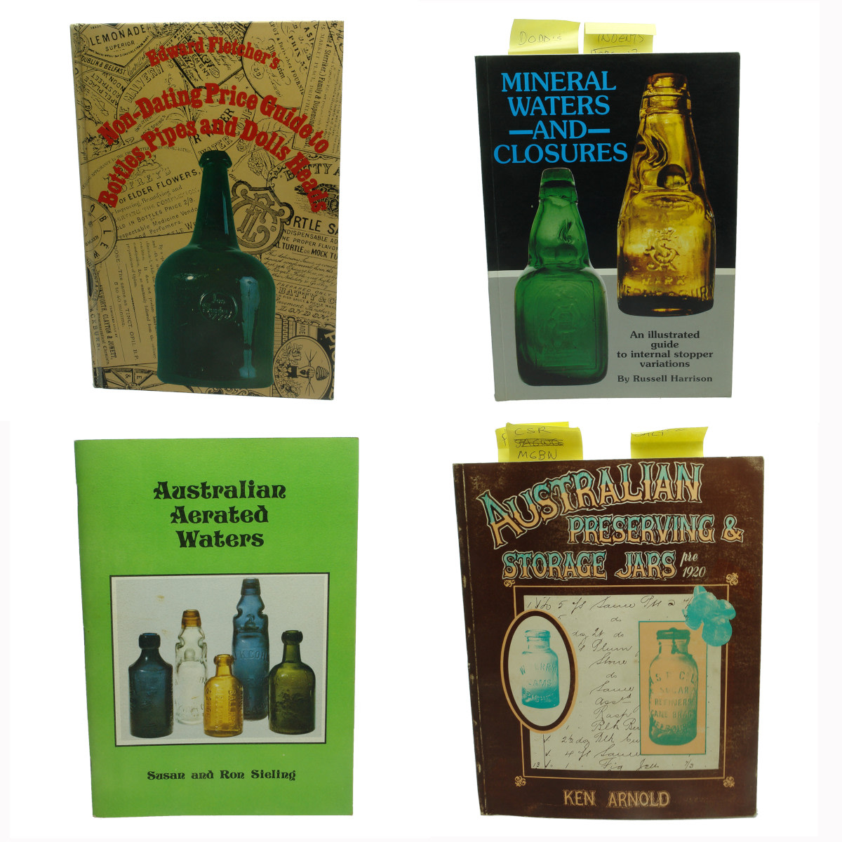 4 Books: Edward Fletcher's Non-dating Price Guide to Bottles, Pipes and Dolls Heads; Mineral Waters and Closures, Russell Harrison; Australian Aerated Waters by Susan and Ron Sieling; Australian Preserving & Storage Jars pre 1920 by Ken Arnold.