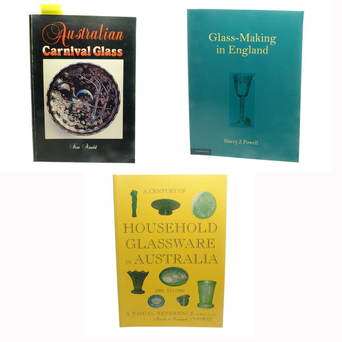 Three Books: Australian Carnival Glass - Ken Arnold; Glass-Making in England - Harry J. Powell; A Century of Household Glassware in Australia - Kevin & Margaret Conway.