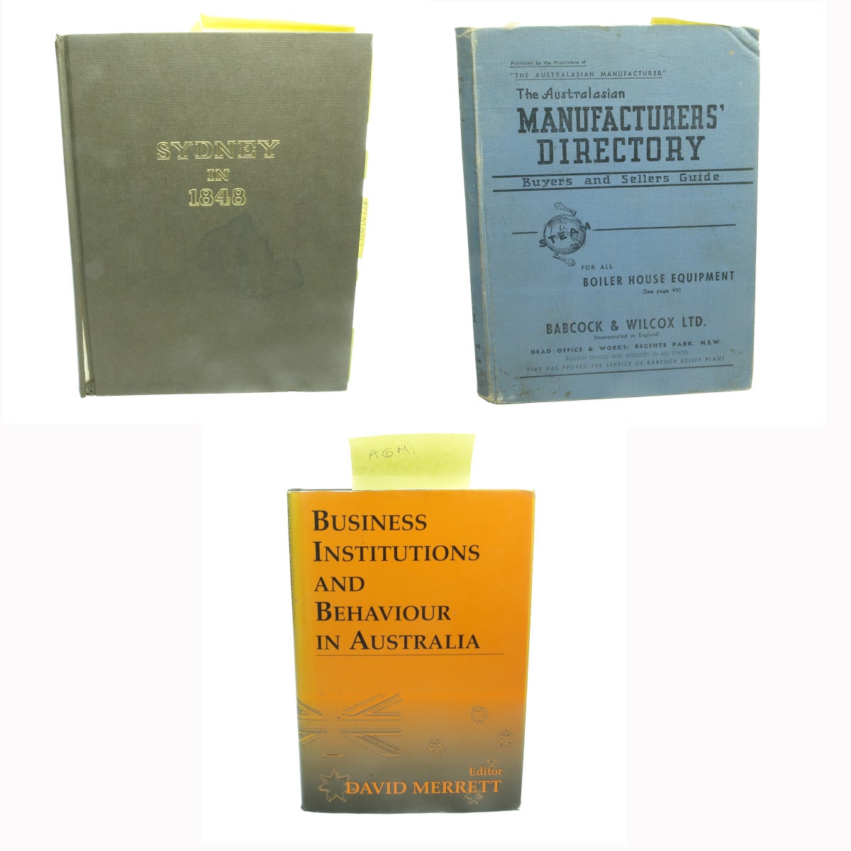 3 Books: Sydney in 1848 by Joseph Fowles (1962); The Australasian Manufacturers Directory 1947-8; Business Institutions and Behaviour in Australia, David Merrett.