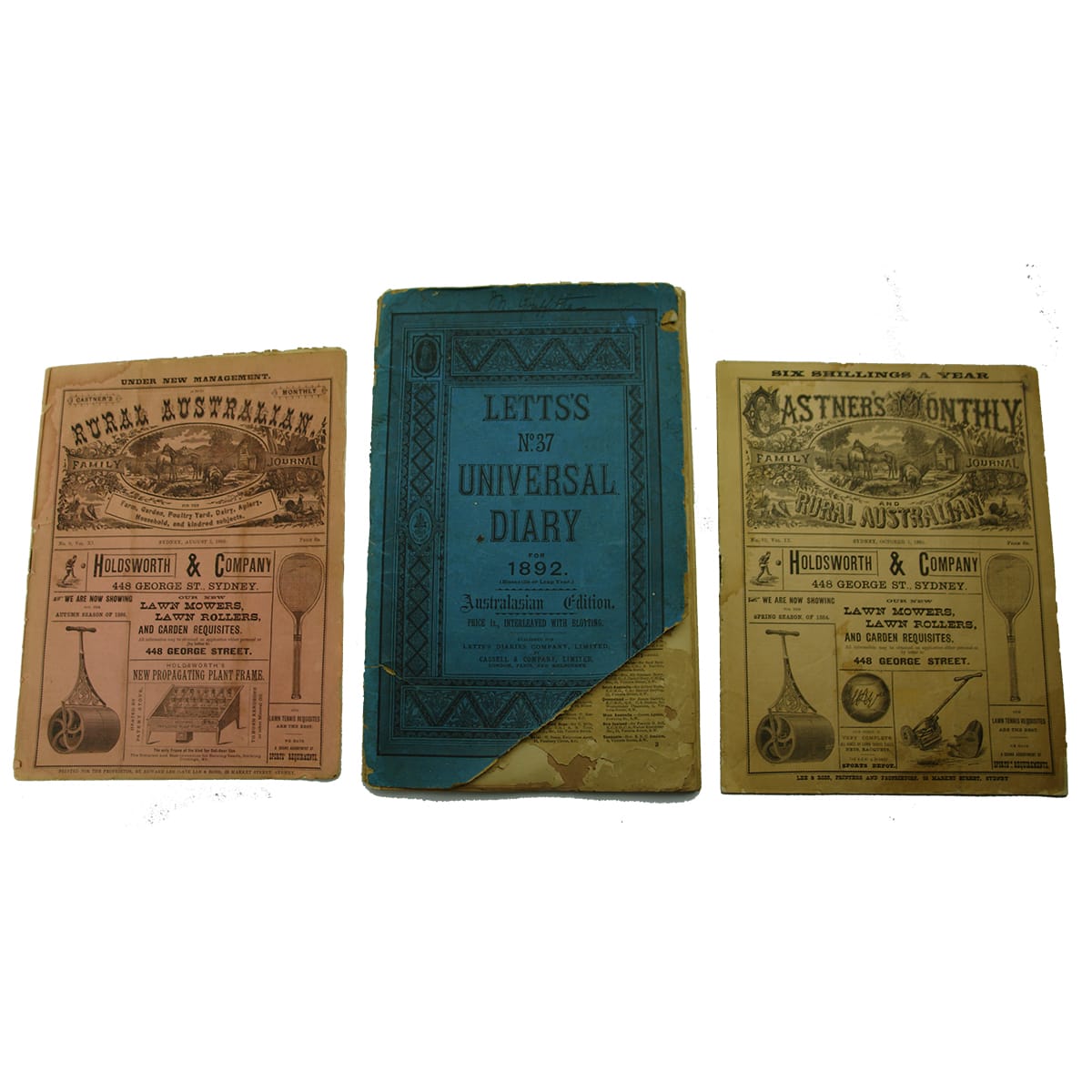 Three magazines/diary: Letts's Universal Diary for 1892. Has written entries from September to December. 2 copies of Castner's Monthly Family Journal and Rural Australian - October 1, 1884 and Ausgust 2, 1886.