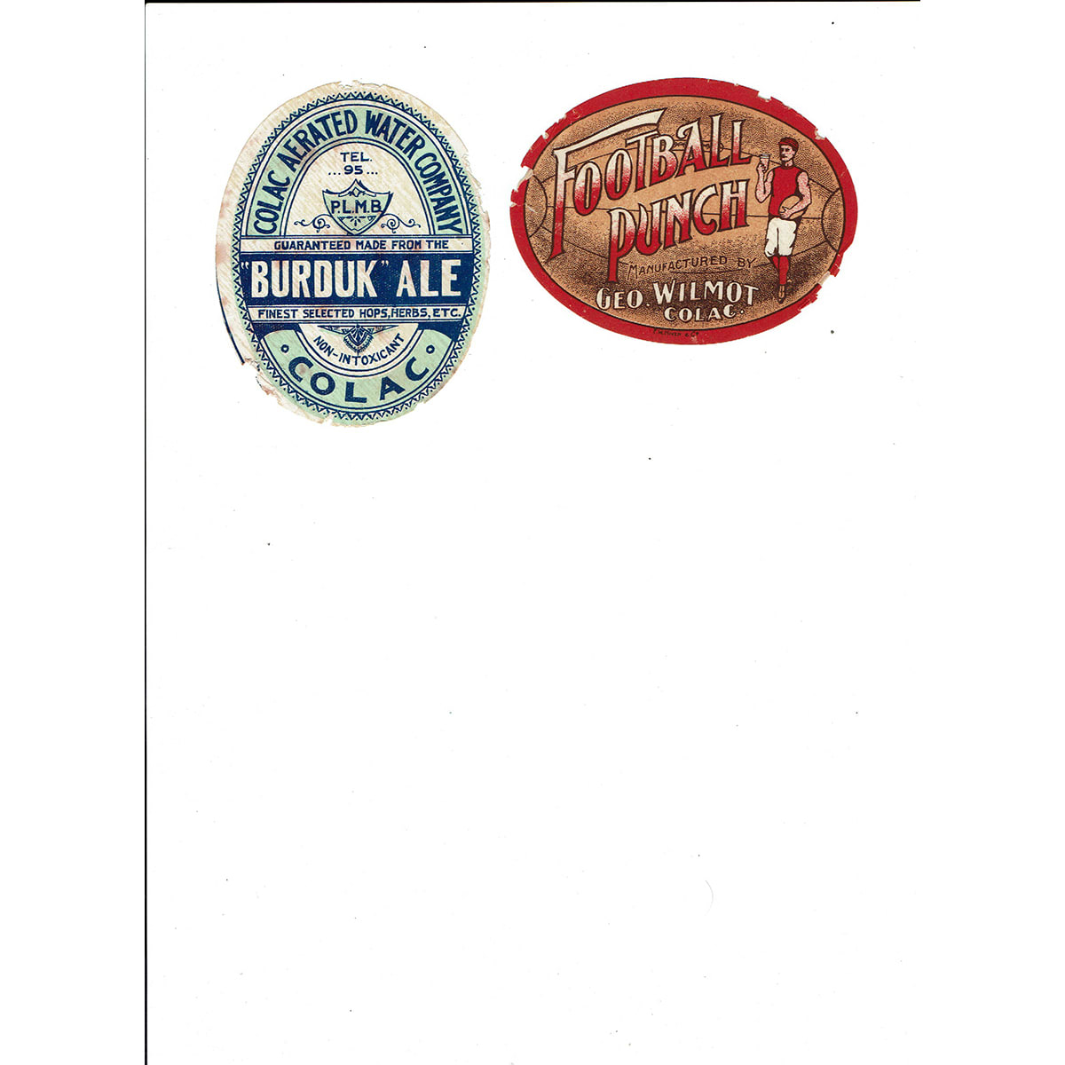 Two Labels from Colac. Wilmot, Football Punch and Colac Aerated Water Company Burduk Ale. (Victoria)