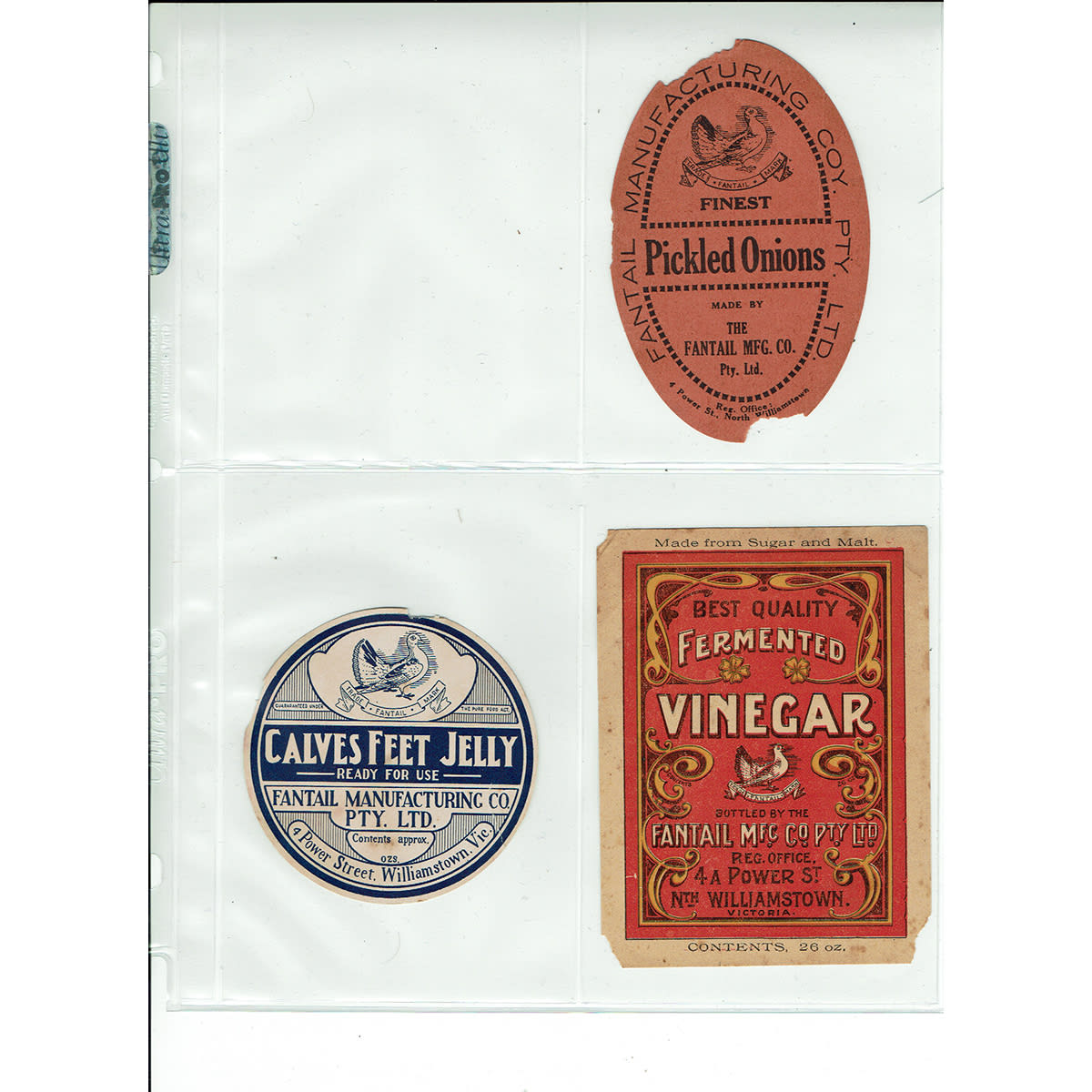 Three labels from Fantail Manufacturing Co., Williamstown. (Victoria)