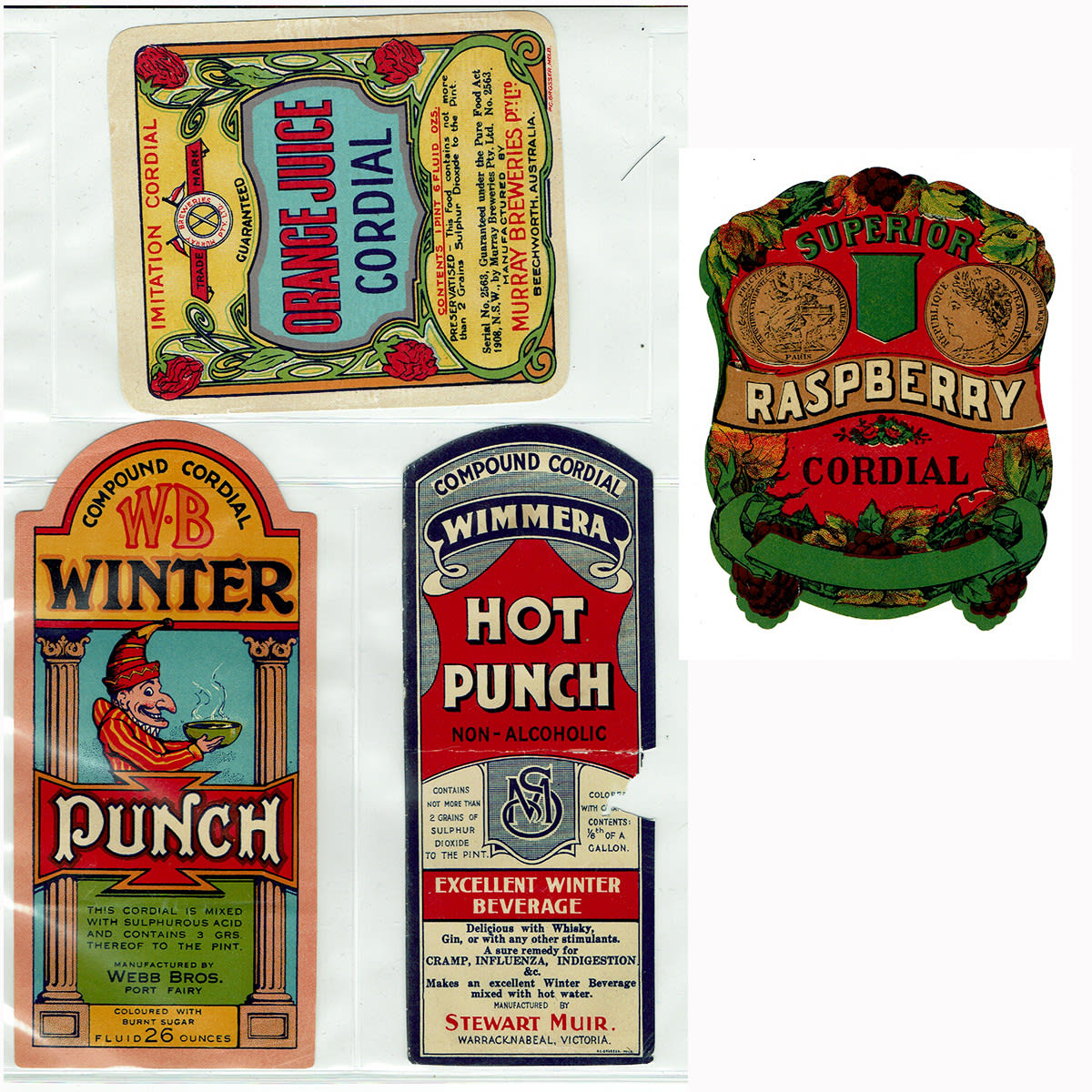 Four Cordial Labels: Murray Breweries, Beechworth; Webb Bros., Port Fairy; Stewart Muir, Warracknabeal & a generic Raspberry Cordial. (Victoria)