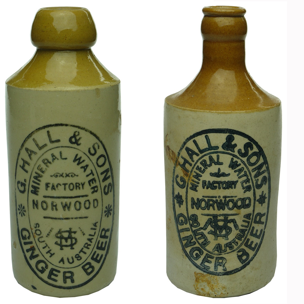 Pair of G. Hall & Sons, norwood ginger beers. Blob top and Crown seal. (South Australia)