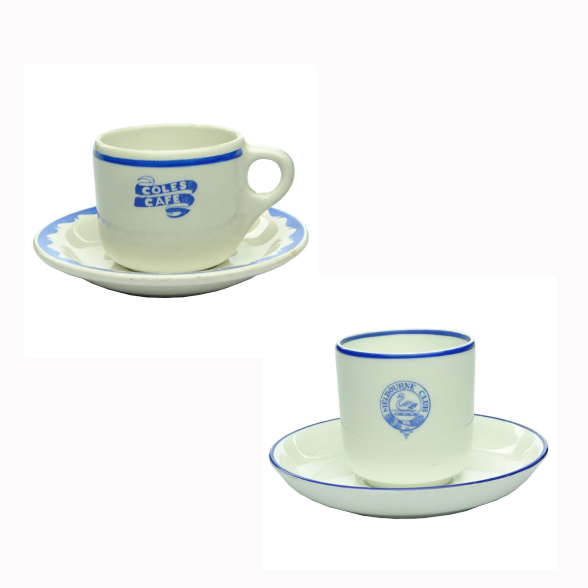 Hotelware. Two Cup and Saucer pairs: Coles Cafe and Melbourne Club. Cup and Saucer. (Victoria)