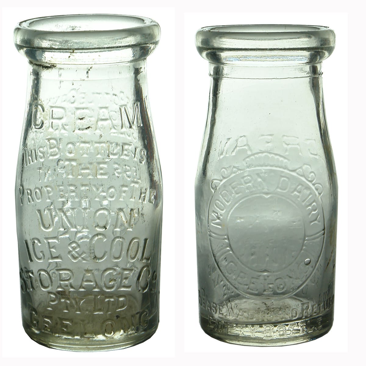 Pair of Geelong Cream Bottles. Union Ice & Cool Storage Co. and Modern Dairy. 1/4 Pint (Victoria)