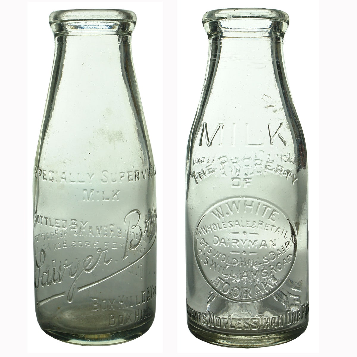 Pair of Pint Milks: Sawyer Bros., Box Hill and White, Toorak. (Victoria)