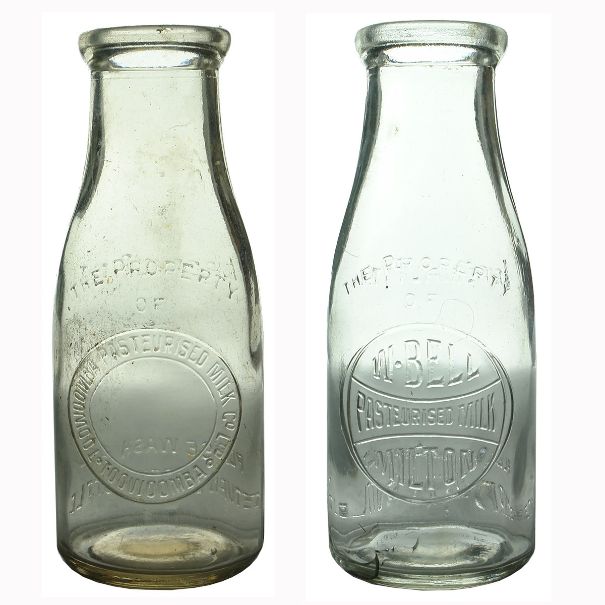 Pair of Milks: Toowoomba Pasteurised Milk Co. and Bell, Milton. (Queensland)