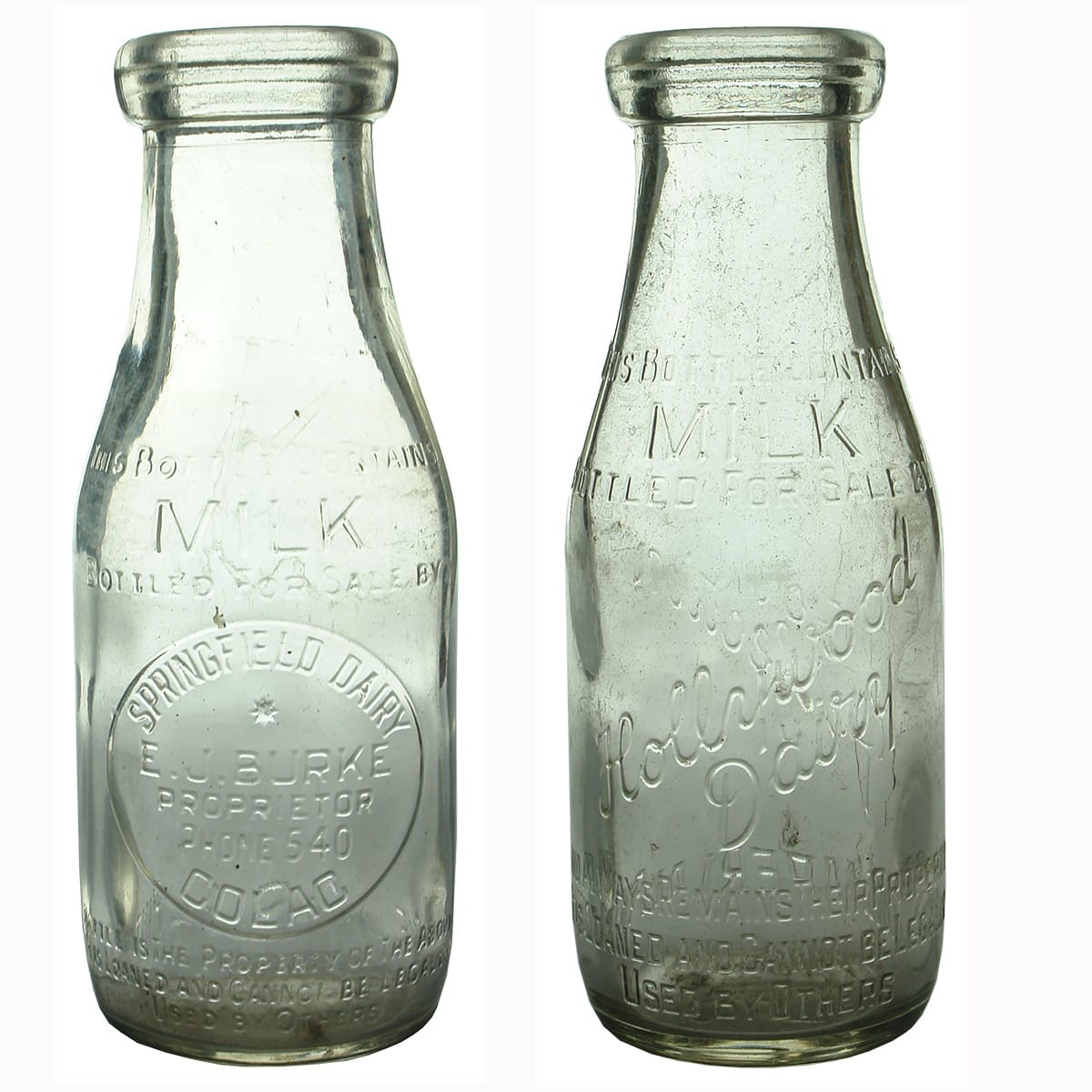 Pair of Milks: Burke, Colac and Hollywood Dairy, Bendigo. (Victoria)